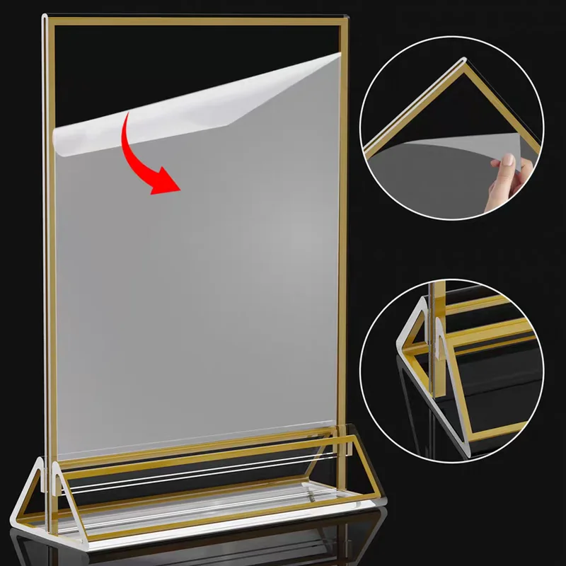 5 Pieces A6 100x150mm Double Sided Gold Border Acrylic Sign Holder Restaurant Wedding Table Menu Recipe Cards Display Stand
