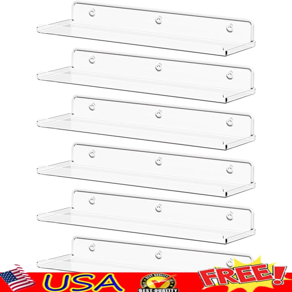 

6 Pack Floating Wall Shelves 15 Inch Acrylic Sturdy Design Space Saving Storage Home Bathroom Living Room Bedroom Decor