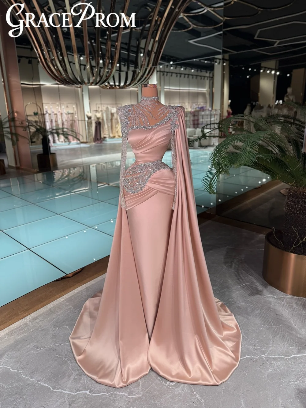 

Attractive Silver Crystal Evening Dress Elegant Satin Floor-length Wedding Party Gown Customized Luxury Long Sleeve Prom Dresses