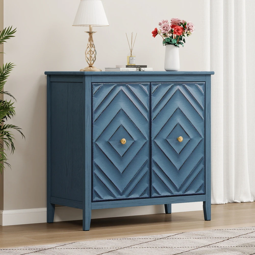 Geometrically embossed lockers, matte vintage finish, no handle design, heightened feet