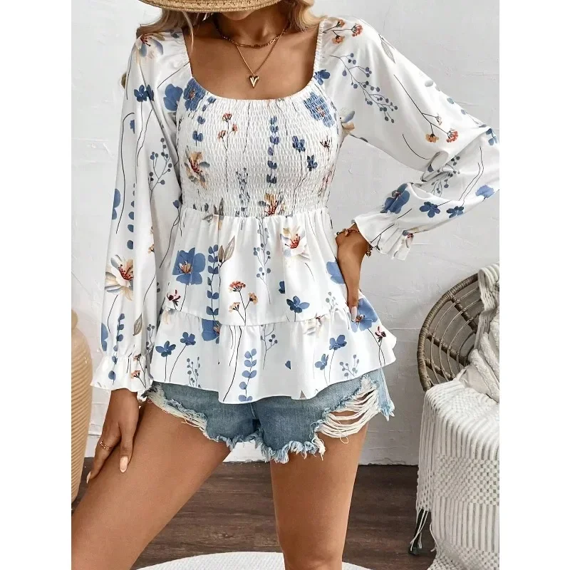 Women Floral Printed Blouse 2026 New Fall Square Neck Long Sleeve Smocked Ruffle Hem Bohemian Vacation Ladies Top