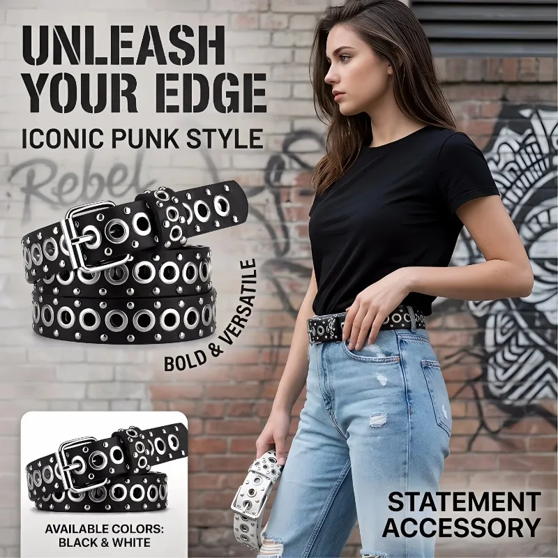 New European  American Style Metal Eyelet Stud Belt Fashionable Versatile Decorative Belts High-End Women's Buckle Belt view 3