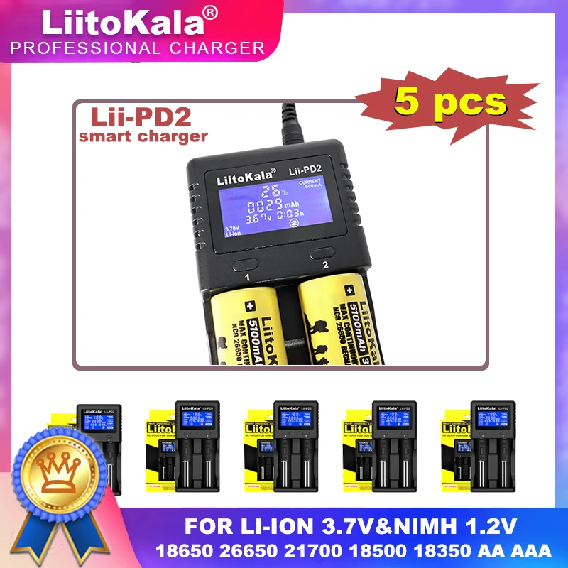 

5 Pcs Liitokala Lii-PD2 LCD 3.7V 18650 18350 18500 21700 20700 14500 26650 1.2V AA NiMH LiFePO4 Lithium Battery Charger