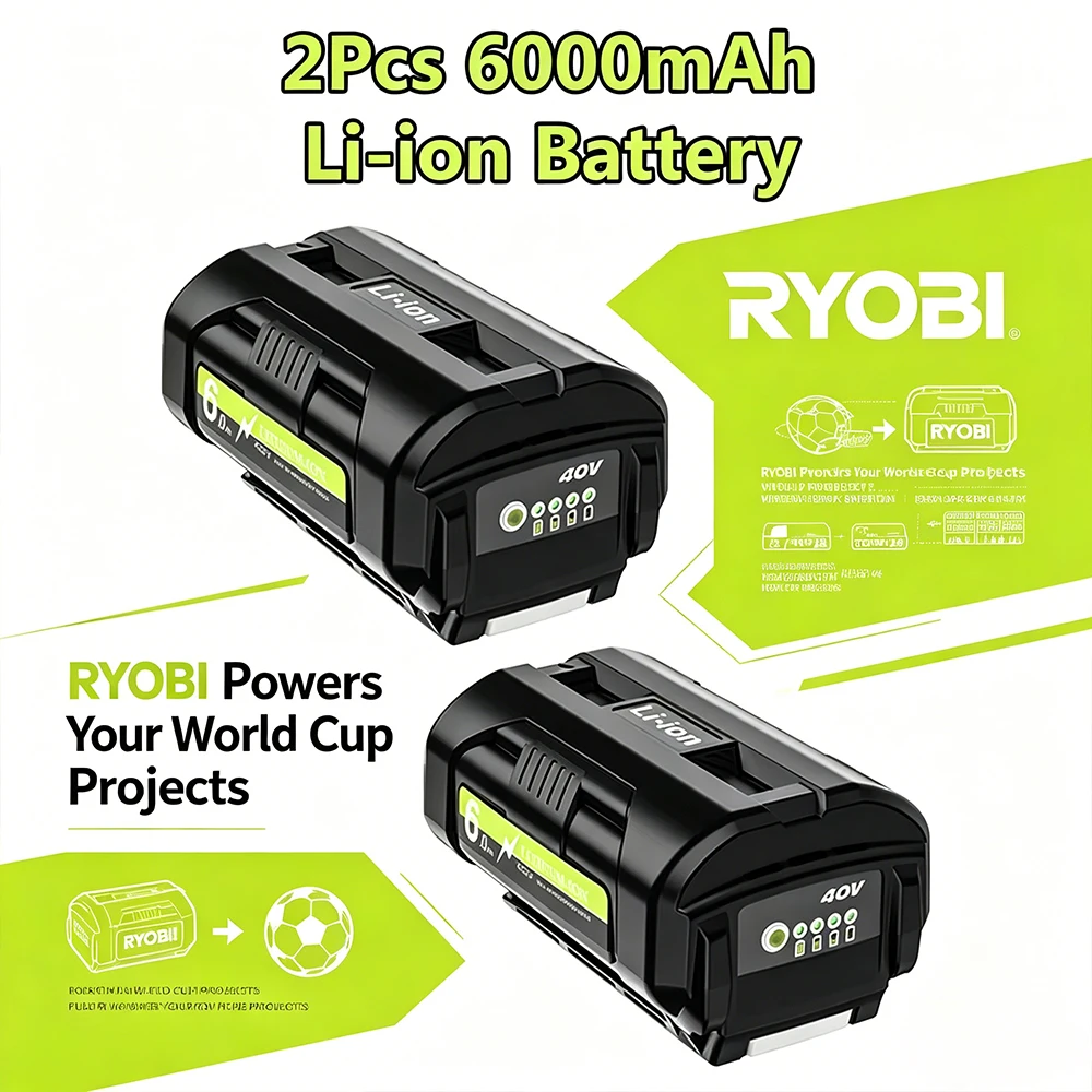 Premium Grade Ryobi 40V 6.0Ah Li-ion Battery – OEM Compatible for OP4050 OP4026 OP40401, RY40502 RY40200 Cordless Tools