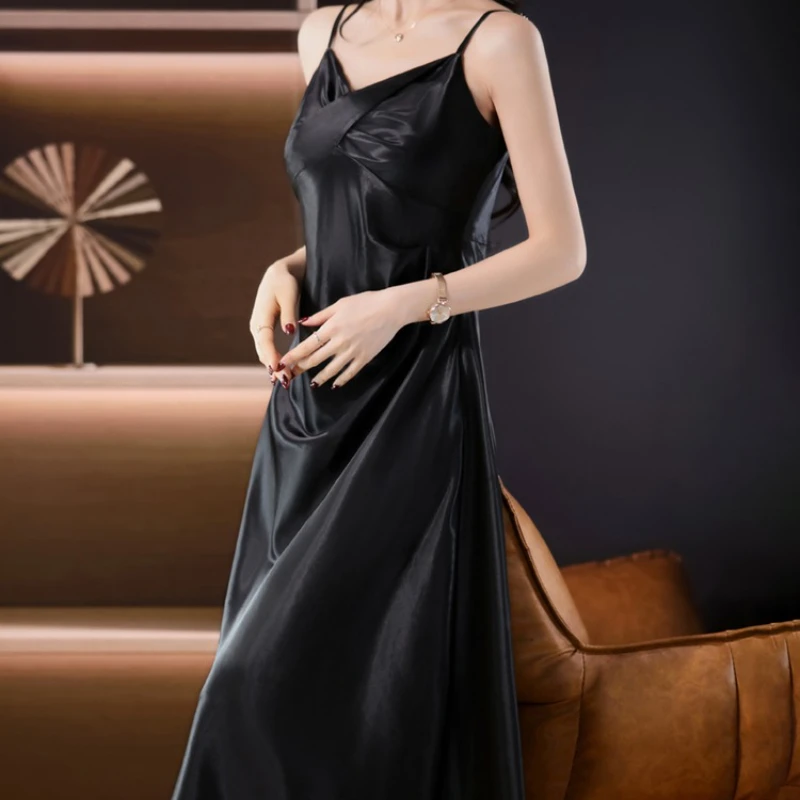 

Long Dresses for Women 2025 Satin Dress New Minimalist Camisole Dress High Waist Asymmetric+Irregular Black Dress Femal Clothing