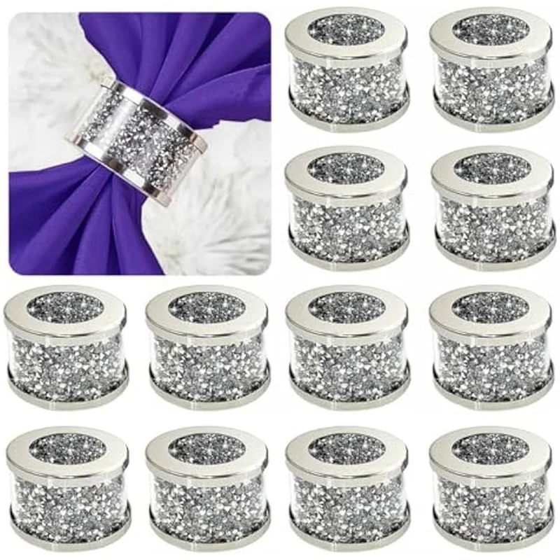 12Pcs Crystal Glass Napkin Holder Napkin Rings,Glam Crushed Diamond Table Settings Bling Serviette Buckles Cloth Holder