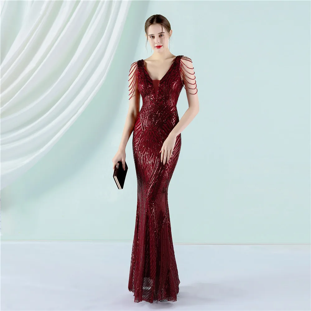 DEERVEADO Elegant V Neck Mermaid Evening Dresses for Women Bodycon Sequins Formal Dress with Beading Long Prom Party Dresses