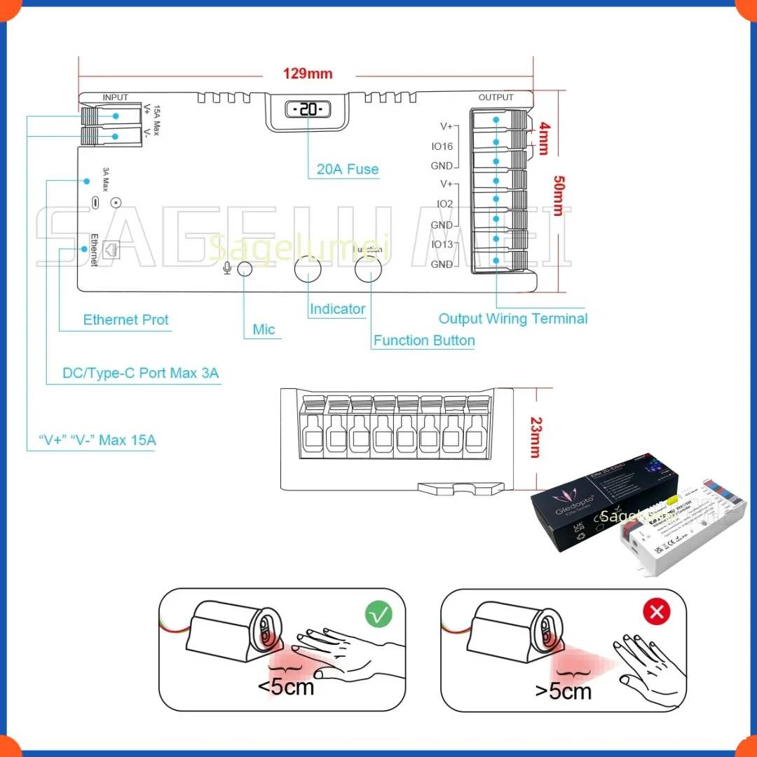 ESP32 GLEDOPTO Elite Advanced WLED LED Controller Ethernet Music Reactive Energy Save Relay 20A Fuse DIY Dynamic Light Digital