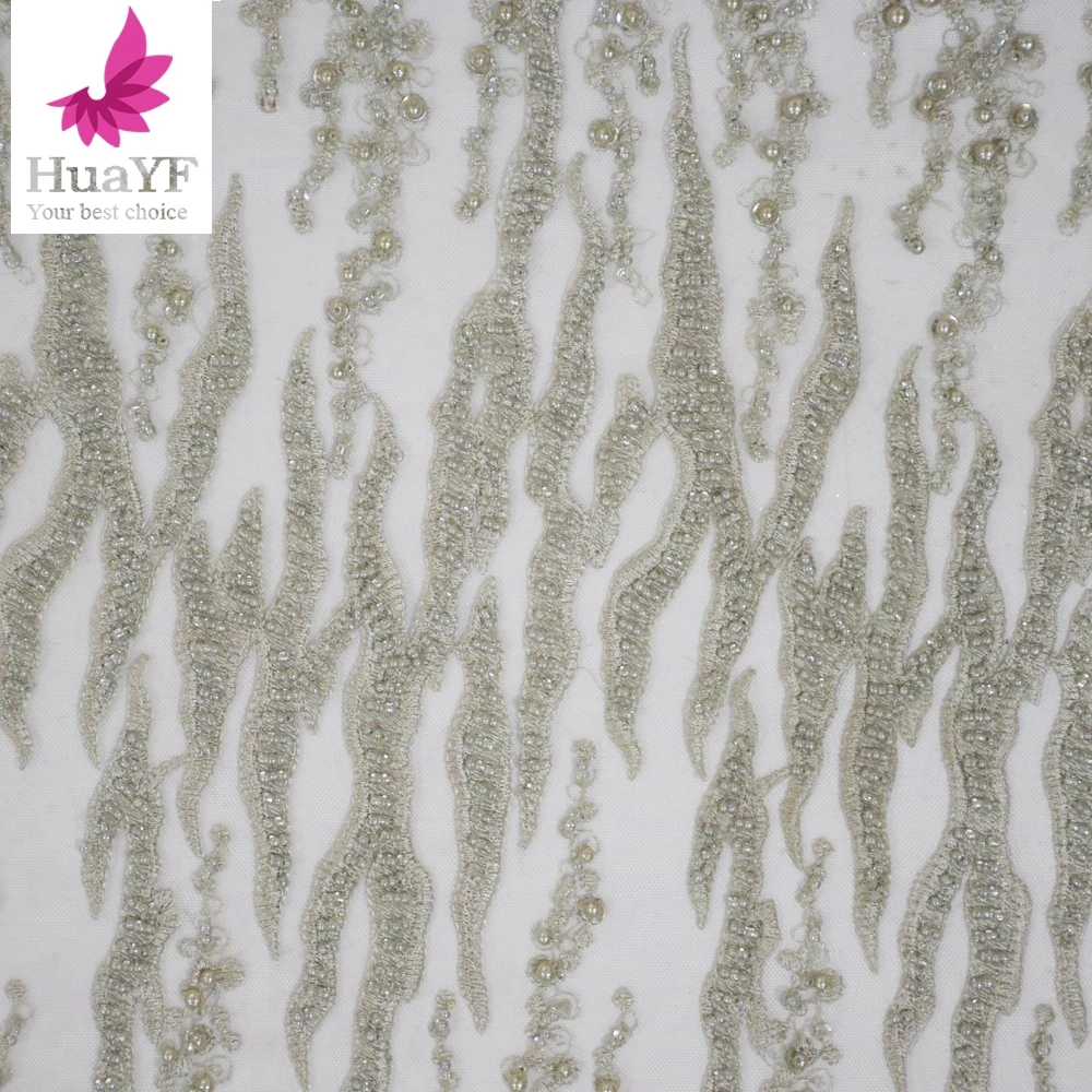 

1 Yard High Quality Light Green Hand Embroidered Beaded Pearl Lace Fabric Luxury Pearls Design For Party HY0352