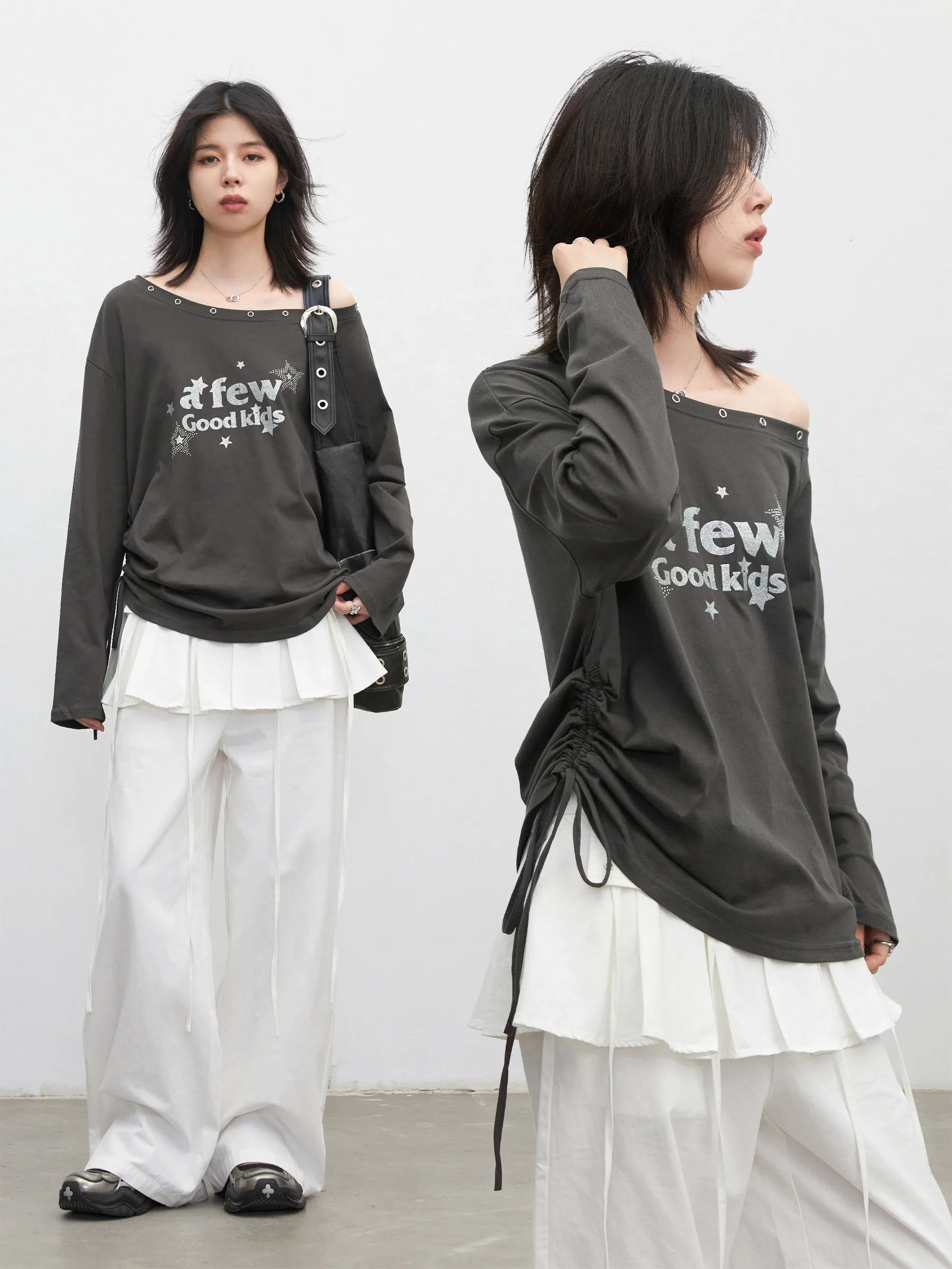 CHIC VEN Women T-Shirts New Loose Star One Collar Drawstring Cotton Long Sleeve Tees Streetwear Top for Girl Spring Autumn 2026