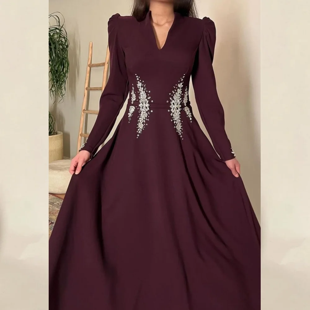 Ball Dress Saudi Arabia Prom Jersey Beading Evening A-line V-neck Bespoke Occasion Gown Midi Dresses