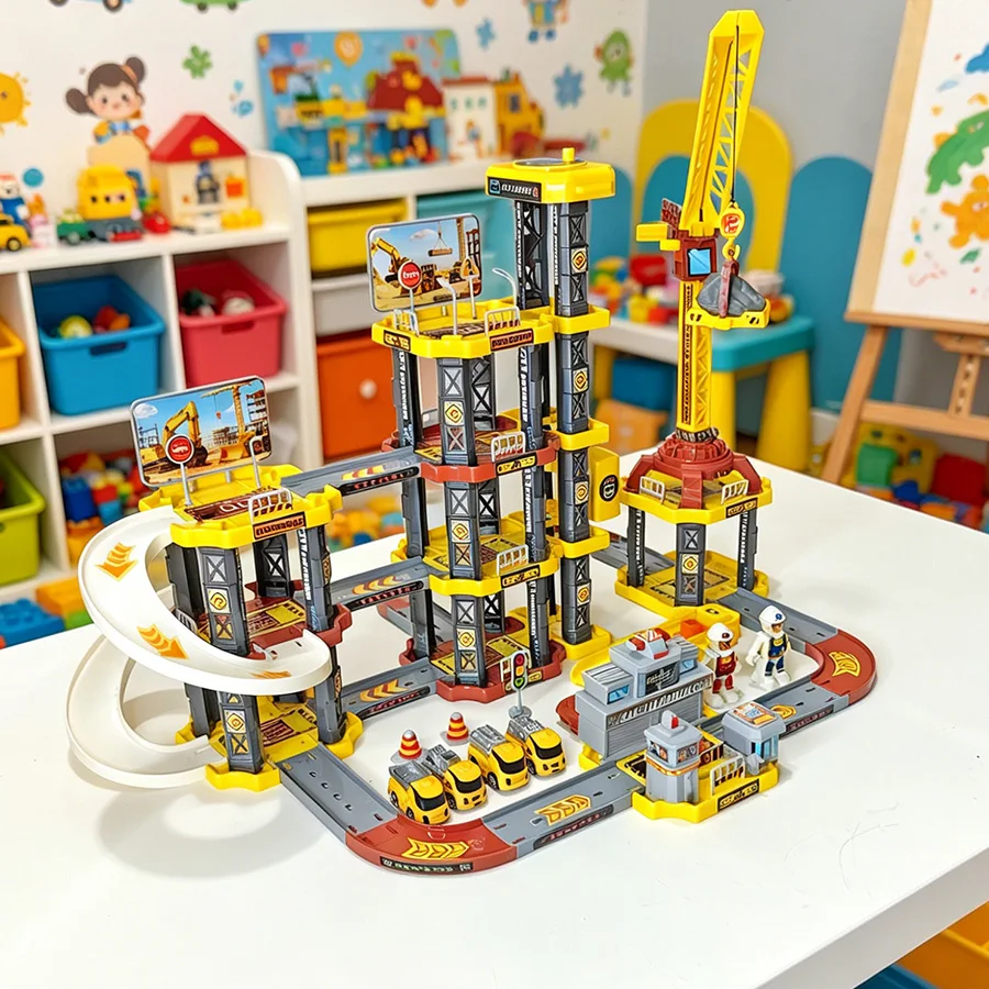 Children's Large Engineering Series Crane Truck Toy Set with Crane, Parking Lot Toy (Color Random)