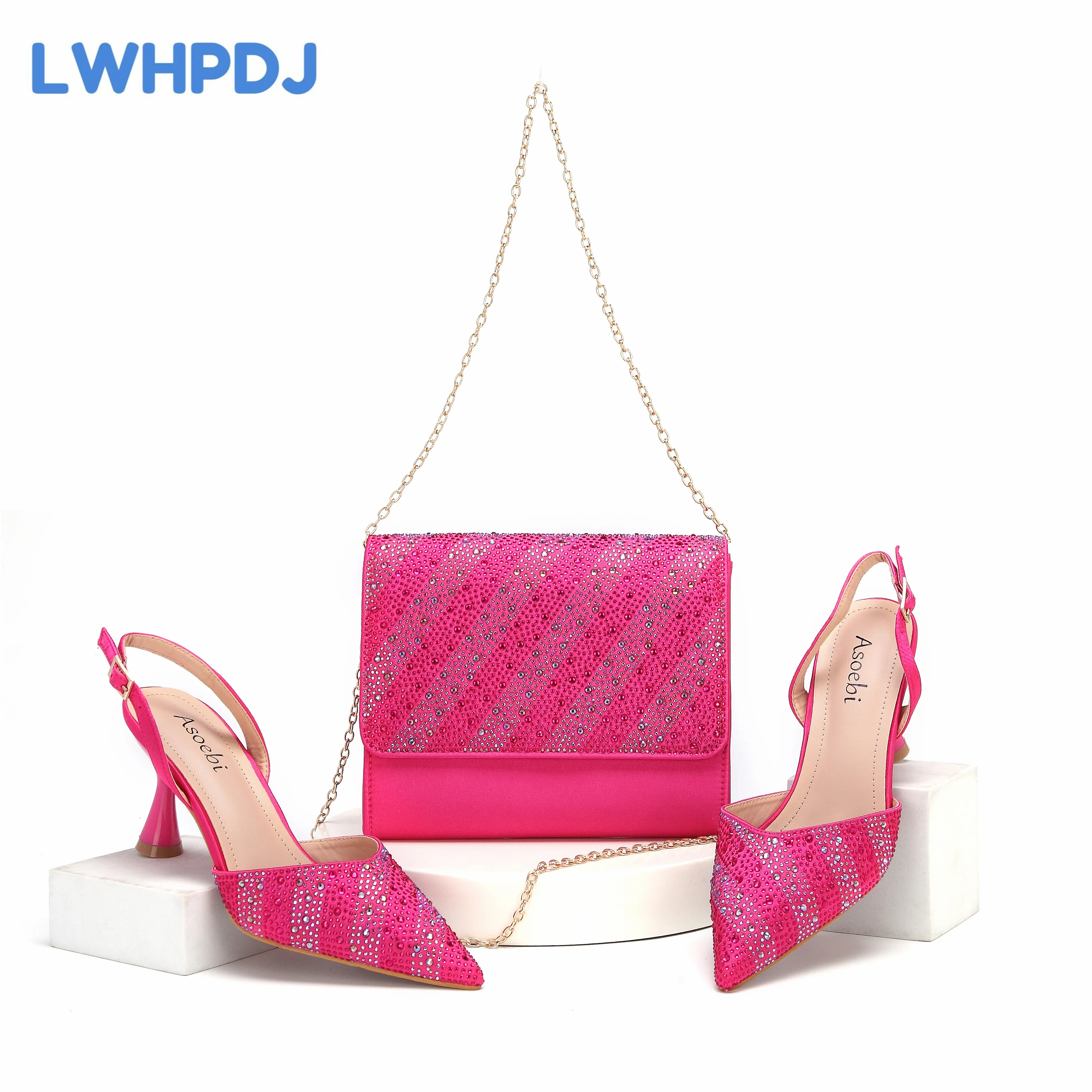 Women High Heels Sandals Shinning Material with Rhinestone Italian Design Fuchsia Color Pointed Toe Shoes and Bags Set