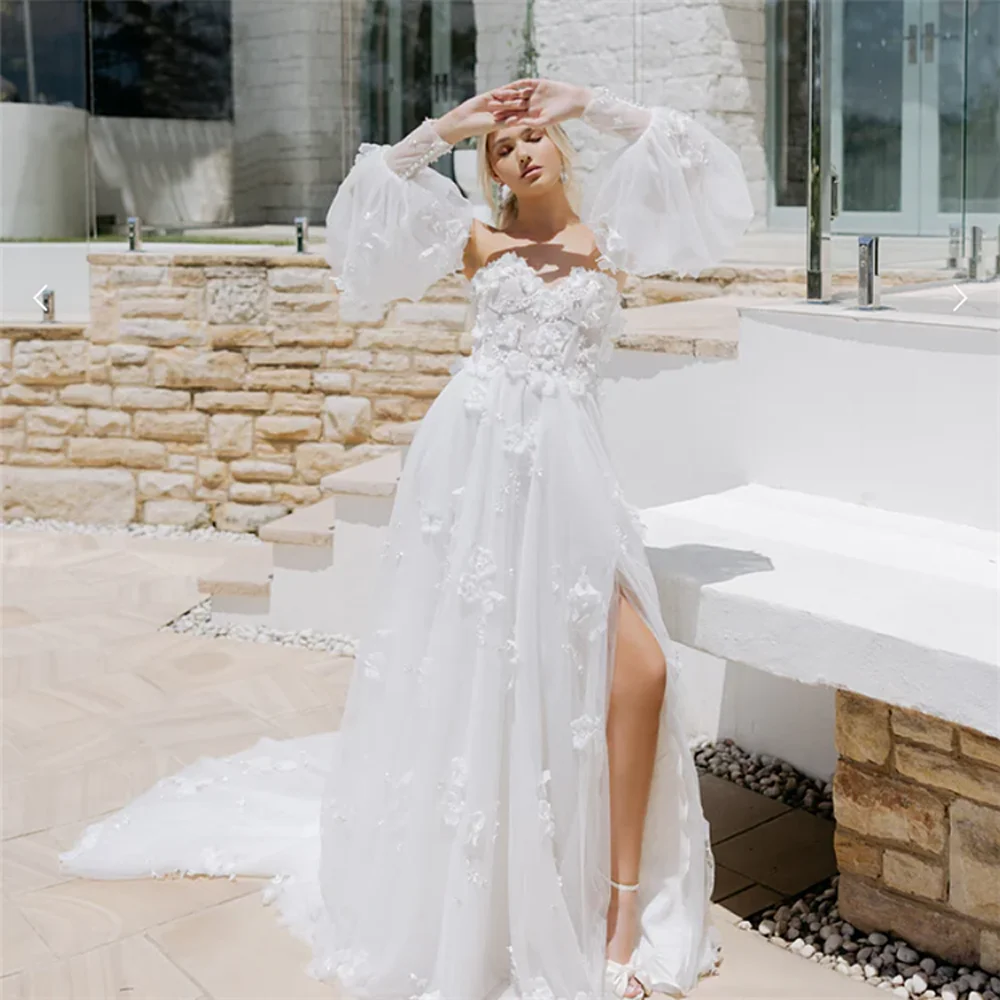 Sexy Split Floral Tulle Beach Wedding Dresses Bohemian Sweetheart Lace Beaded Bridal Gowns with Bubble Sleeves vestidos de novia