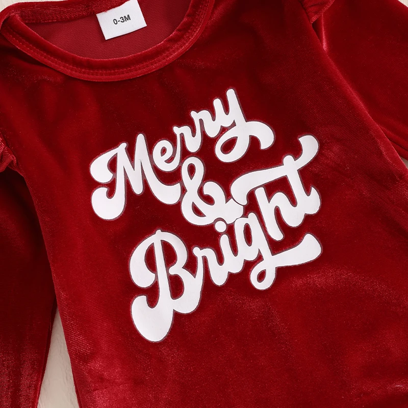 Baby Girl Christmas Velvet Outfit Letter Print Long Sleeve Romper with Flare Pants and Hat 3 Pcs Set