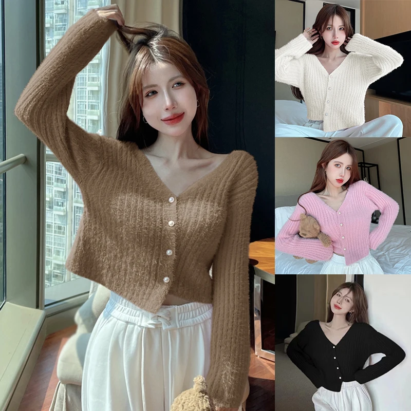 Women Sweater Cardigan Autumn Winter Knitted V-neck Sweet Pearl Button Cropped Sweater Top Ladies Slim Fit Cardigan Tops