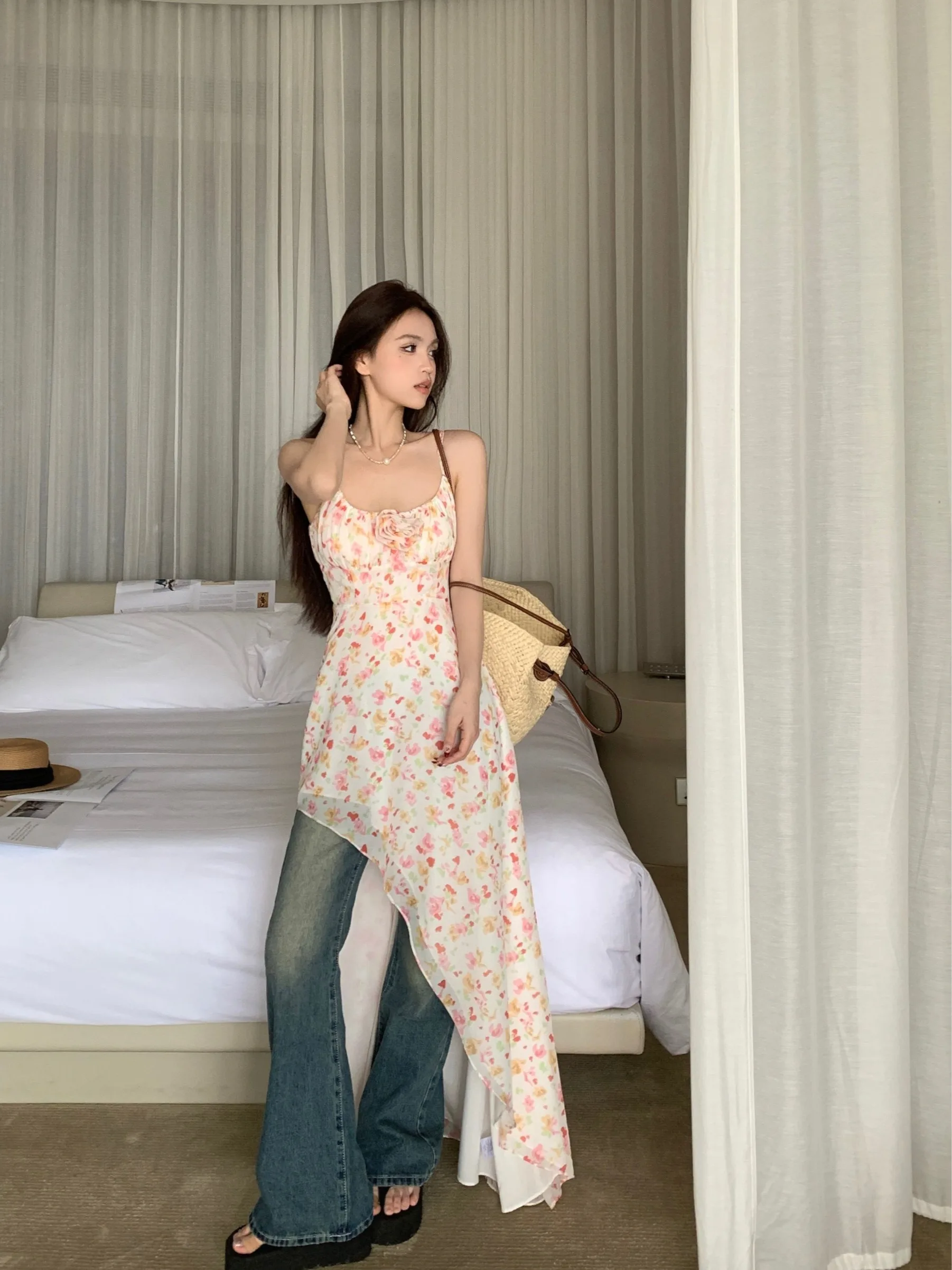 Fashionable Floral Print Wrap Dress Women's Slim Fit A-Line Midi Dress Casual Summer Outfits Polyester Fiber Non-Lined Dress
