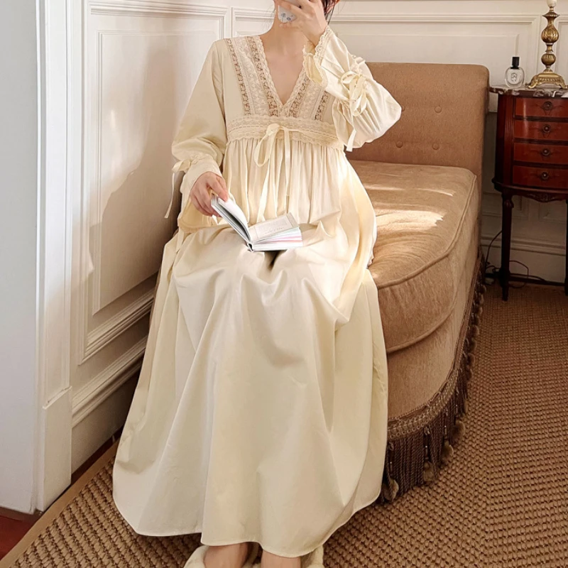 

Pure Cotton Vintage Nightgowns Women Autumn Apricot Long Robe Nightie Night Dress Wear Victorian Nightdress Princess Sleepwear