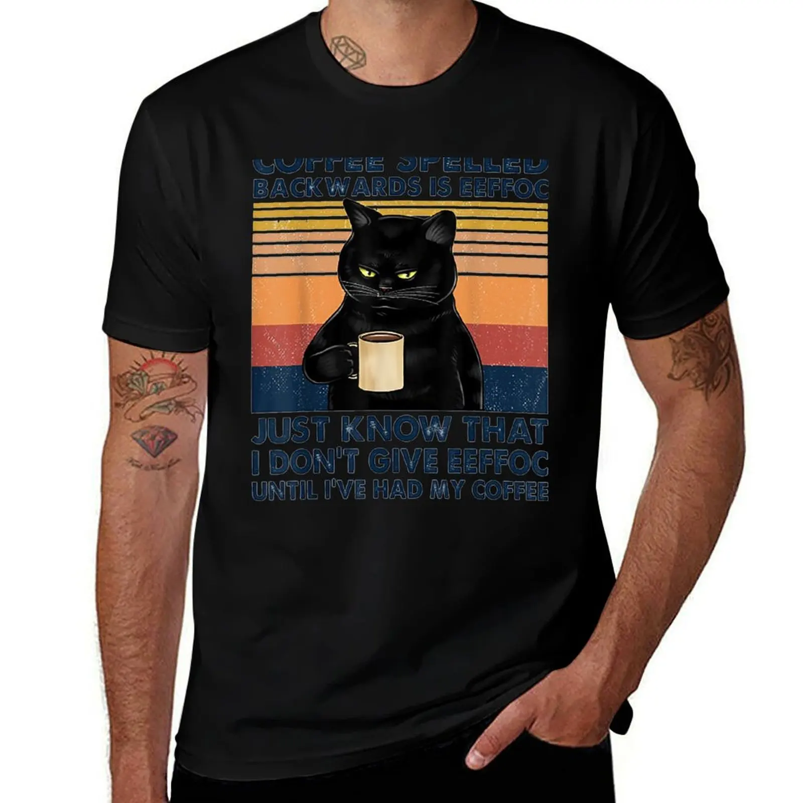 Coffee Spelled Backwards Is Eeffoc Cat Drinking Vintage T-Shirt Casual All Match Short Sleeve T-Shirt