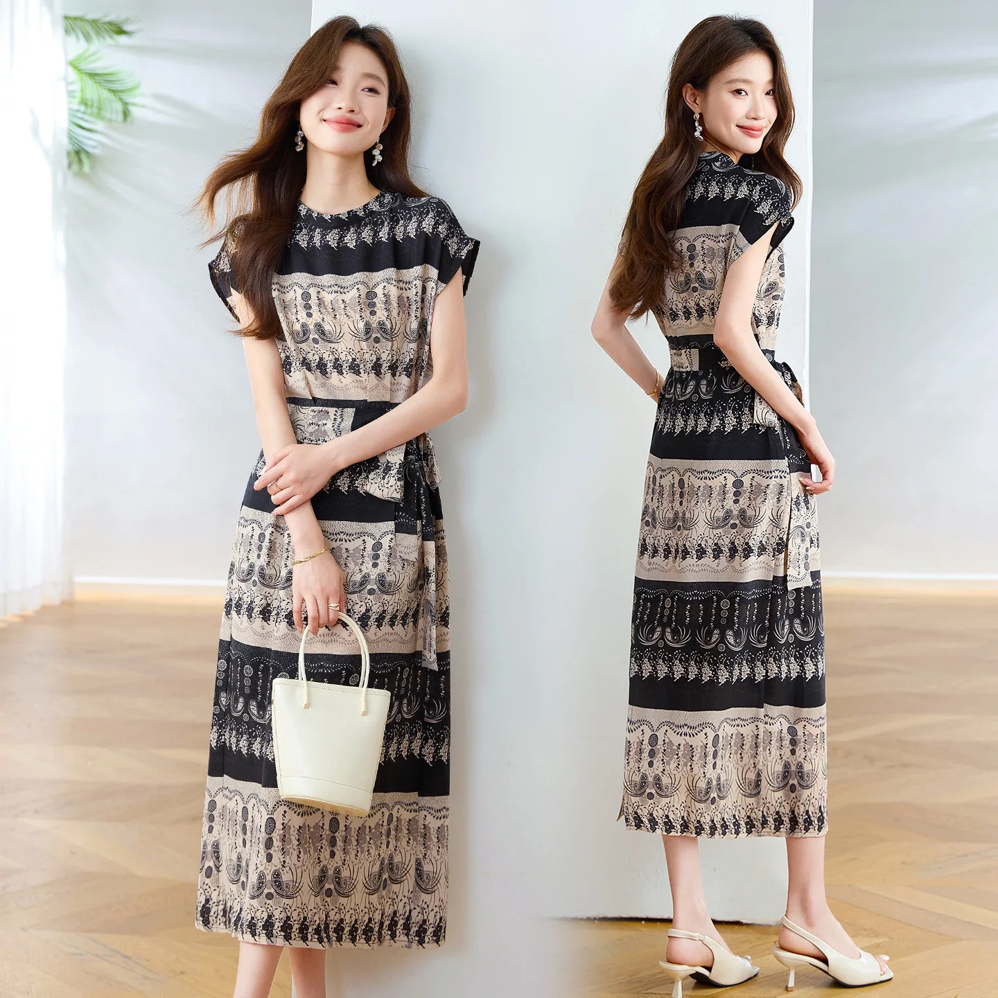 

2025 летняя новая женская одежда, тонкое темпераментное модное платье с круглым вырезом и принтом, длинное кружевное модное платье