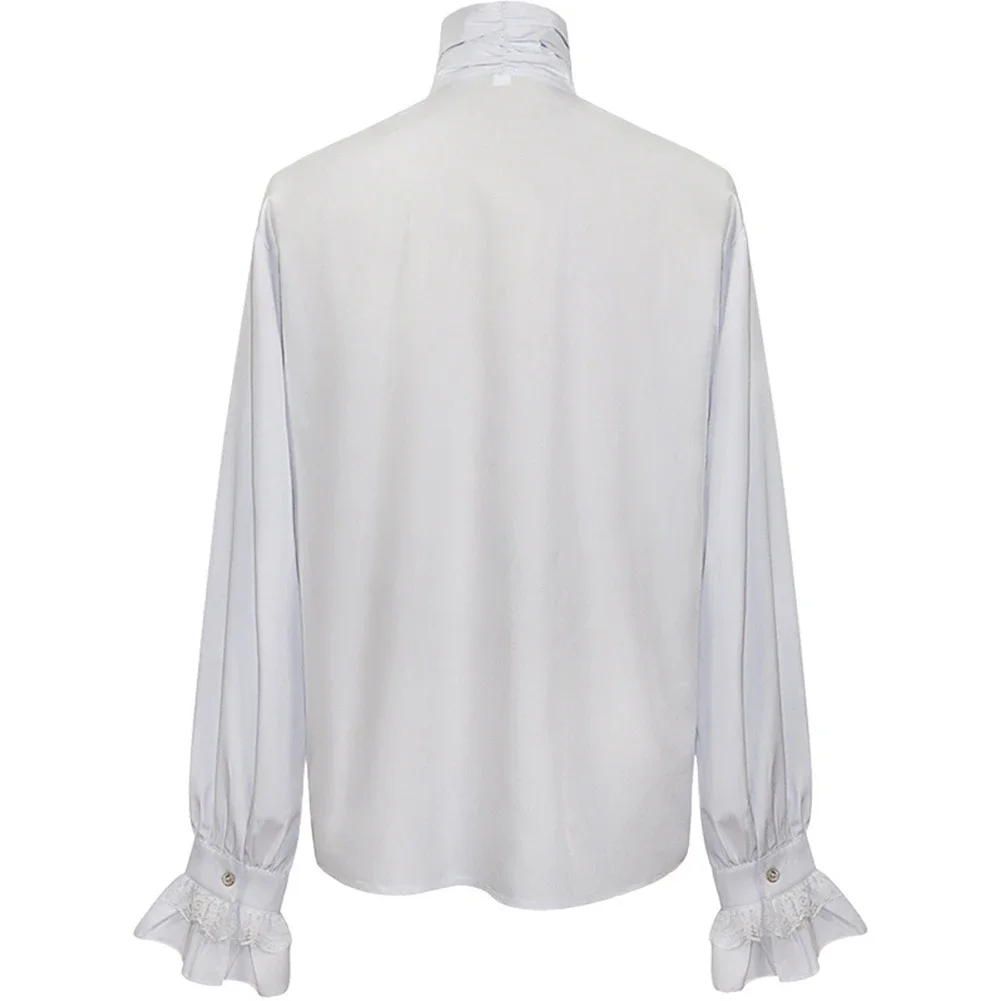 Men Vampire Victorian Renaissance Shirts And Blouses Solid Black White Gothic Ruffled Stand Collar Medieval Blouse Tops Shirt