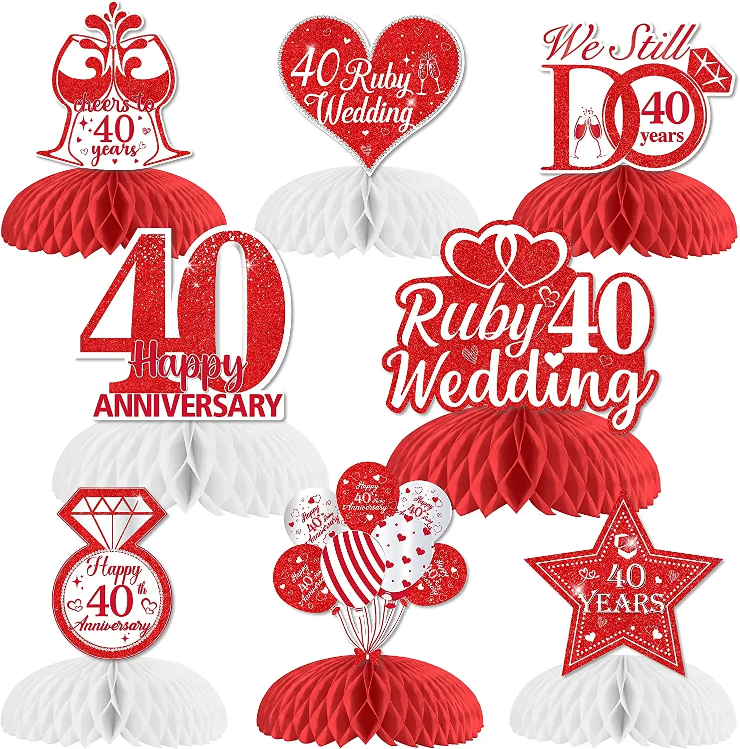 Wedding Anniversary Table Decor, Honeycomb Centerpieces, Table Toppers, Cheers to 40th, Happy Anniversary Decorations, Ruby, 8Pc