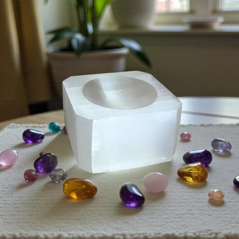 One Natural Plaster Cube Base, Plaster Stone Cube Base, Spherical Base, Bohemian Style Desktop Decoration