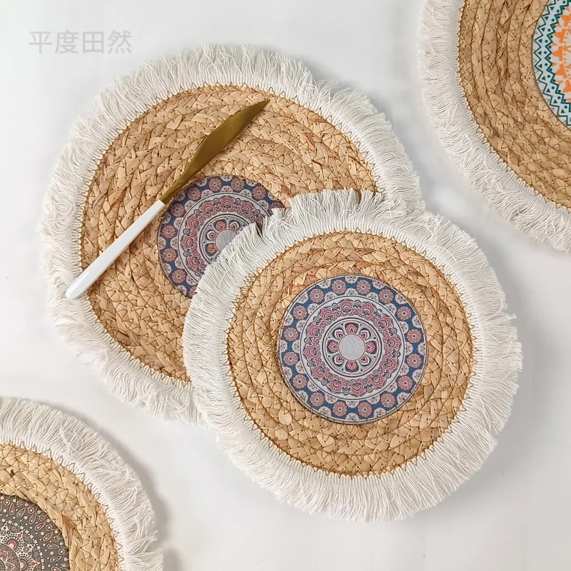 

Boho Rattan Placemat Handwoven Coasters Heat Resistant Table Mats for Home Wall Decor Natural Fiber Tableware Accessories