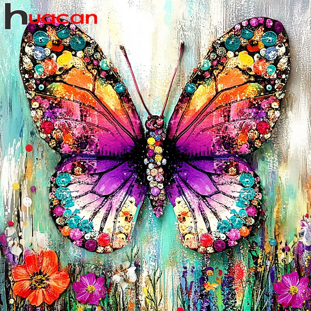 Huacan Schmetterlings-Blumen-Diamantgemälde, 5D, neu, komplett, quadratisch, rund, Diamant-Stickerei, handgefertigtes Geschenk, komplettes Kit
