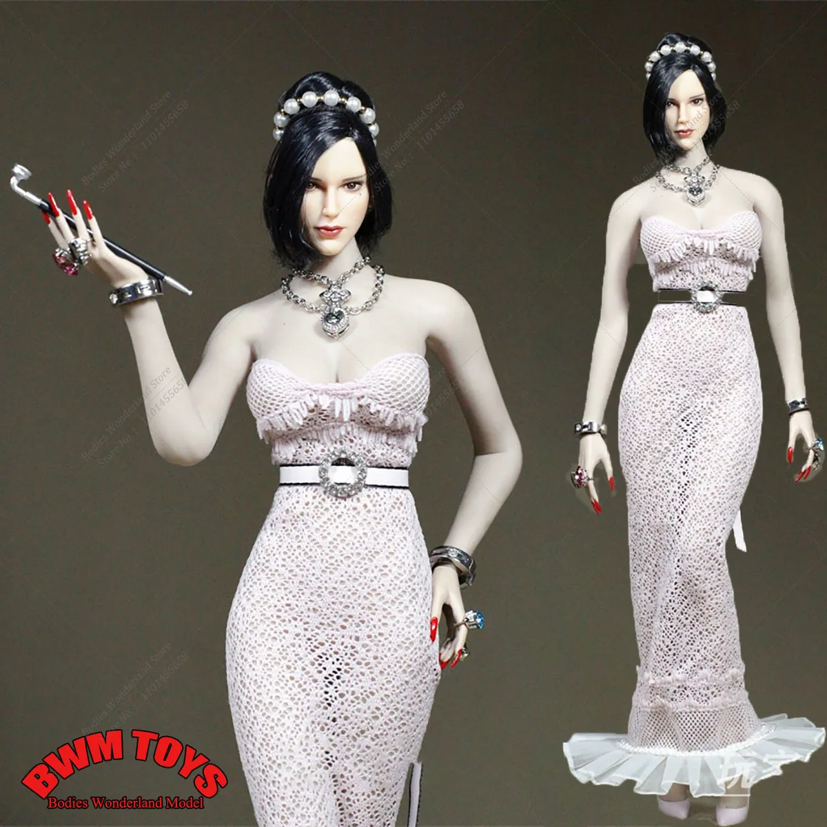 Customized 1/6 Scale Pink Tulip Sexy Women's Strapless Slim Lace Mesh Long Dress Diamond Belt Accessories for 12'' Action Figure