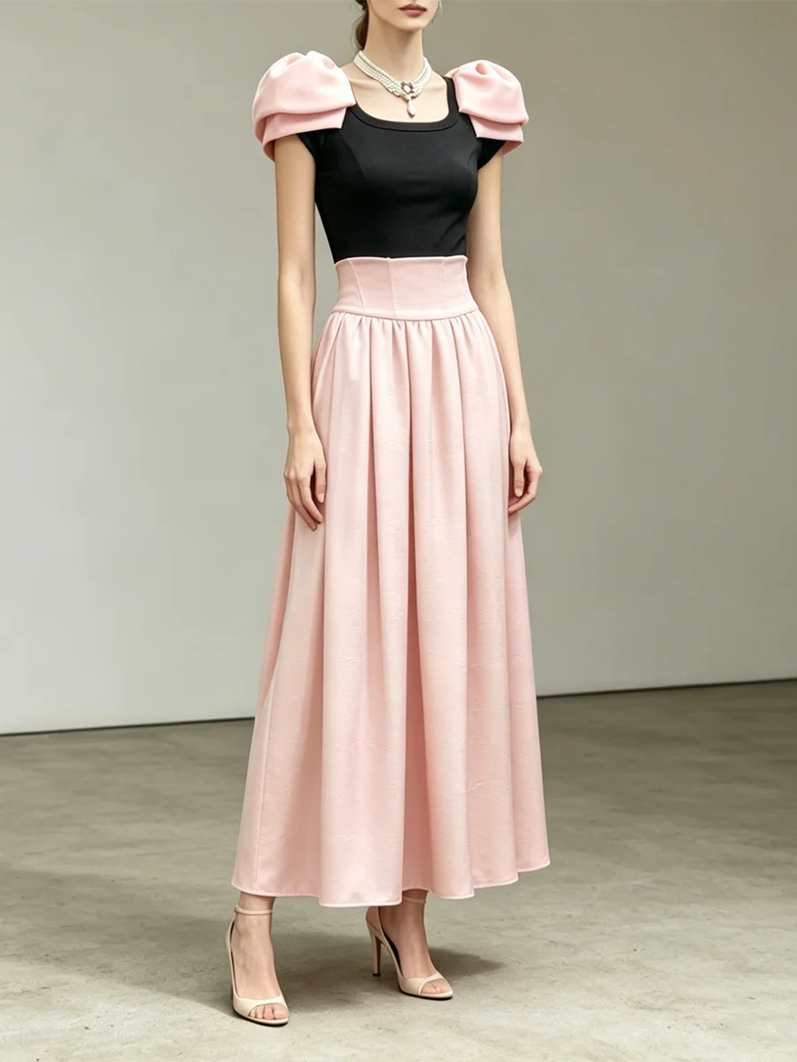 TWOTWINSTYLE Colorblock Slimming Spliced Folds Dress for Women Round Neck Short Sleeves Patchwork Zipper Midi Dresses Female New