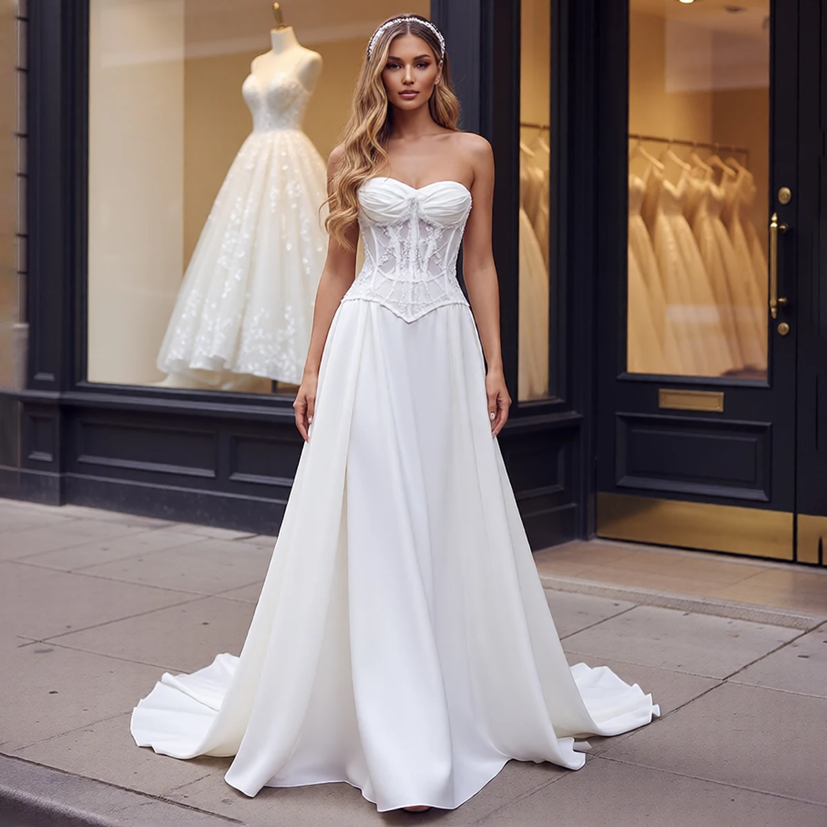 

Elegant Satin Beaded Sweetheart Wedding Dress With Train Lace Pearl Ball Gown For Women Long Bridal Party Gown Vestidos Novia