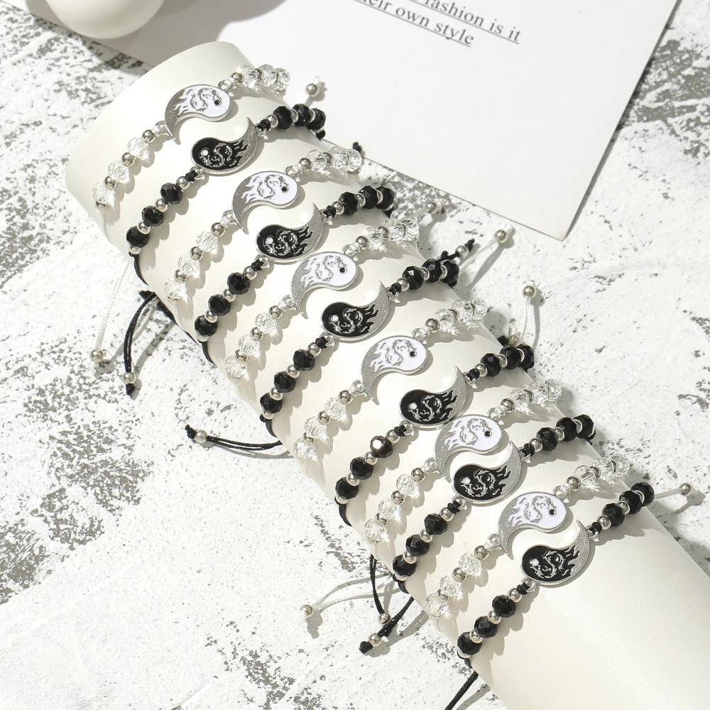 sansango 12pcs/set Black and White Gossip Charms Bracelet Set For Women Acrylic Beads Adjustable Rope Bracelet Jewelry Party