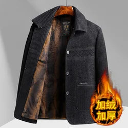 Autumn Winter Men's Woolen Jacket Retro Print Thick Velvet Jackets Business Casual Lapel Wool Coats Social Office Men Clothing