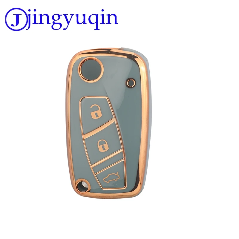 jingyuqin Silicone TPU Car Remote Key Shell Case Cover For Fiat, Foldable 3Buttons White-Black-Gray-gold edge Safe, reliable