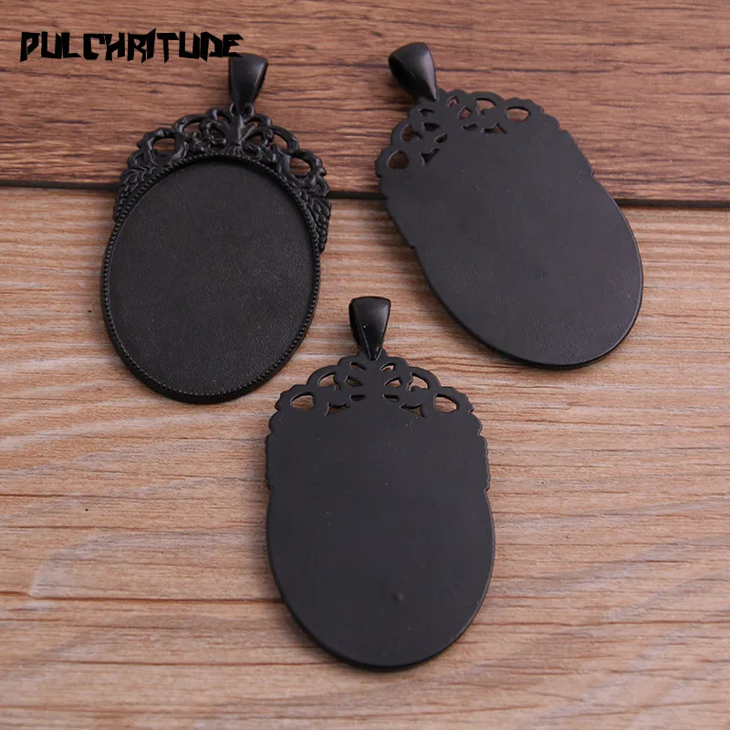 2pcs 30*40mm Inner Size Black Spray-paint Metal Alloy Simple Herat Cabochon Pendant Setting Jewelry Findings