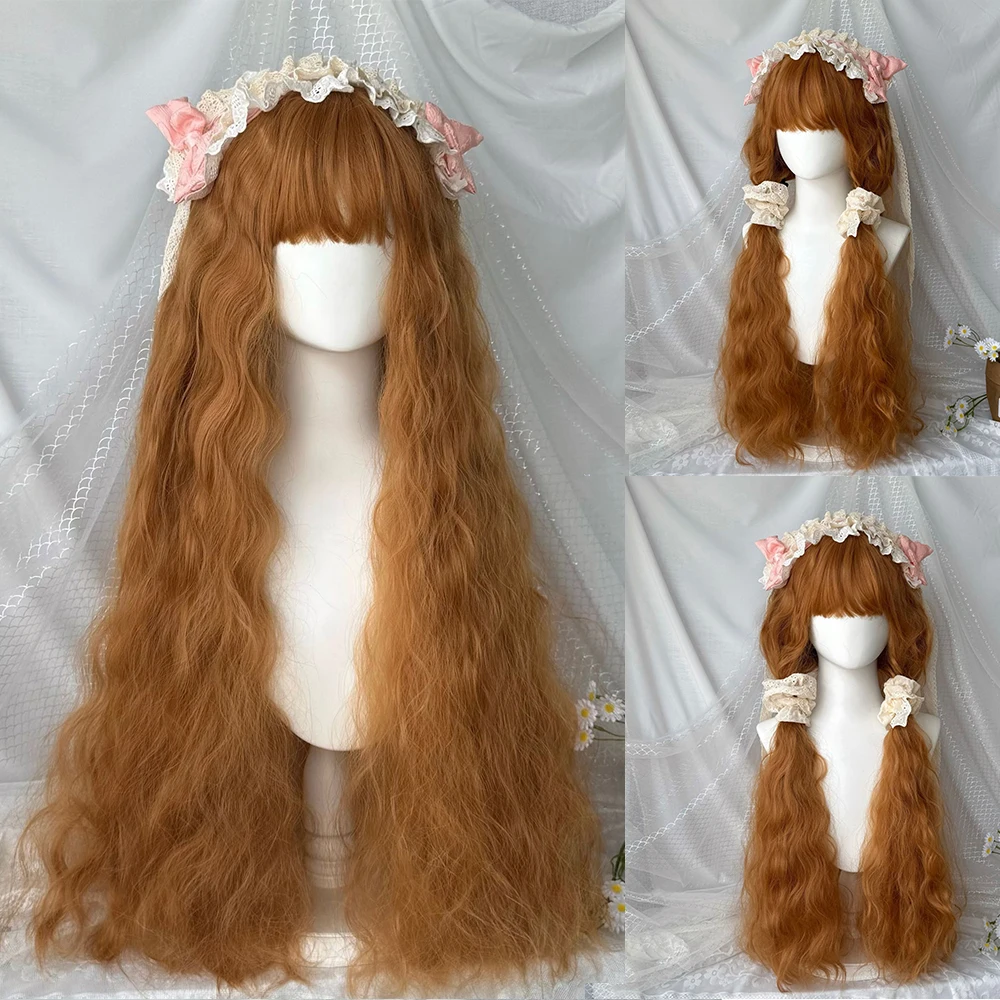 Long Curly Hair Nature Wig with Bangs Fluffy Curling Clip for Women Daily Party CosplayHigh Density Synthetic Layered Wigs