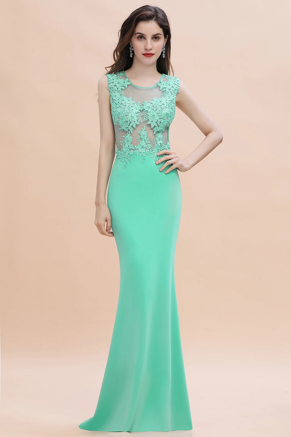 BABYONLINE Sexy Prom Dress Flower Lace Embroidered Cut Out Back Mermaid Hem Gown Slim Fit Maxi Green Illusion Ball Formal Gowns