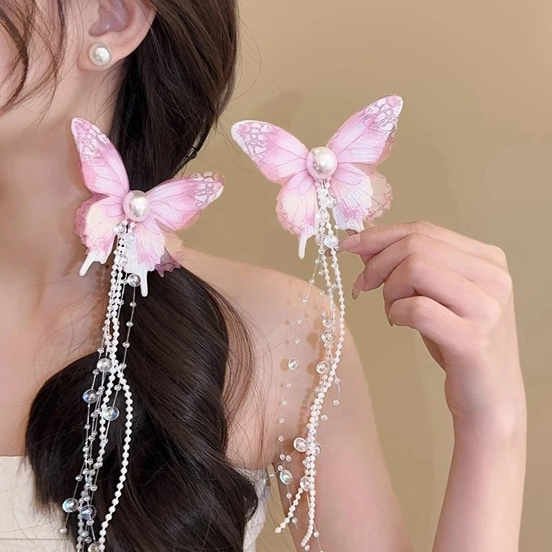 

2pcSweet Butterfly Hairpin Mesh Imitation Pearl Tassel Duckbill Clip Chinese Style Barrettes Butterfly Hair Clip for Women Girls