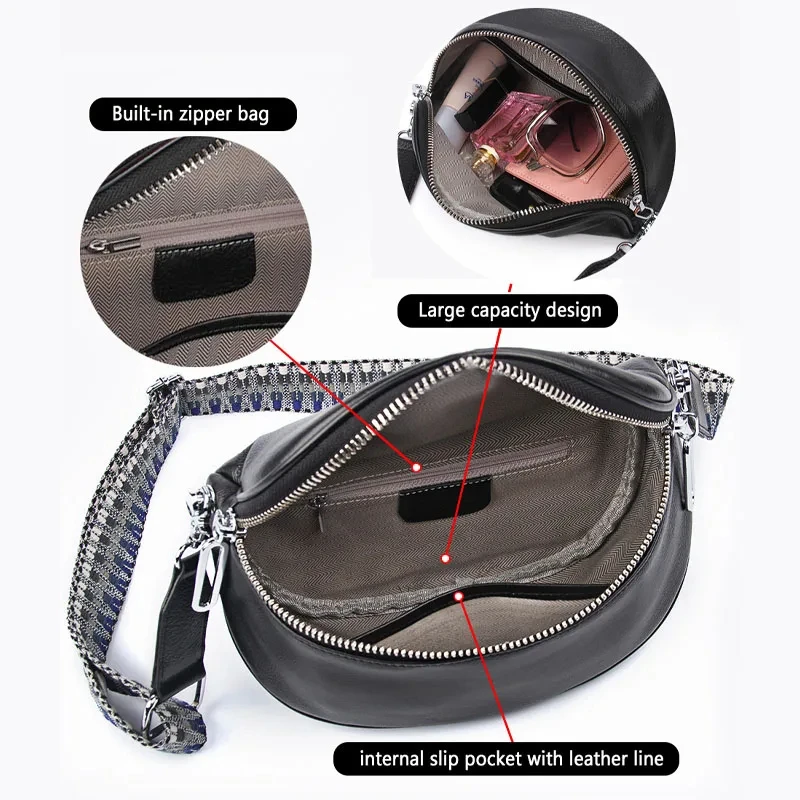 High Quality Genuine Leather Zipper Shoulder Bag  Adjustable Strap Fashion Versatile Female  Large Capacity Waist Bag