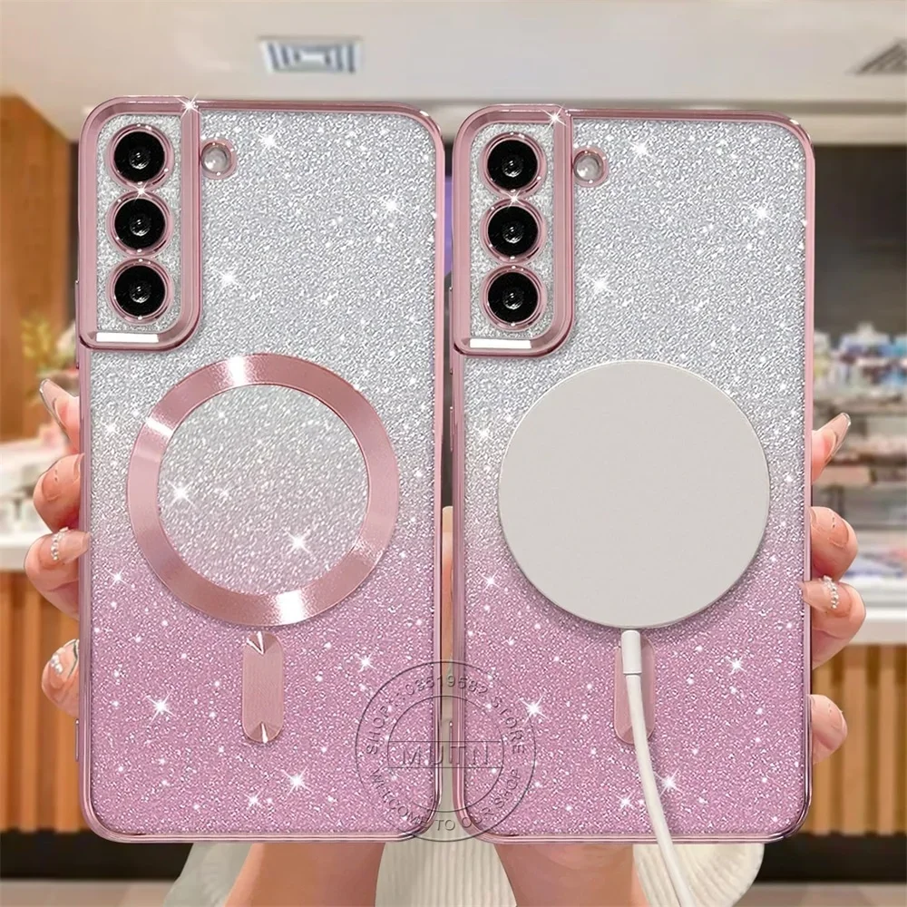 Glitter Bright Cover For Samsung Galaxy S25 S24 S23 S22 S21 S20 Plus FE Note20 Ultra Case Plating Wireless MagSafe Magnetic