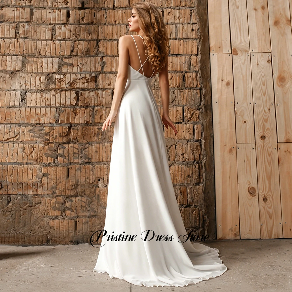 Bohemian Deep V Spaghetti Strap Cross Back Chiffon A Line Wedding Dress With Sweep Train Customized Women Civil Bridal Gowns