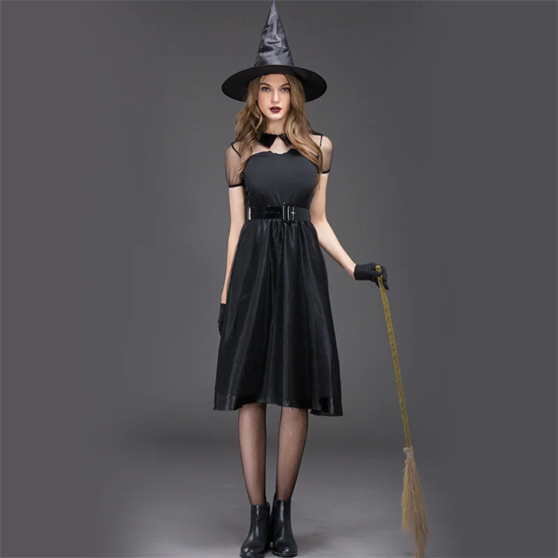 Ladies Black Witch Dress Sexy Women Halloween Magic Costume Carnival Masquerade Game Gothic Mesh Dress With Witch Hat