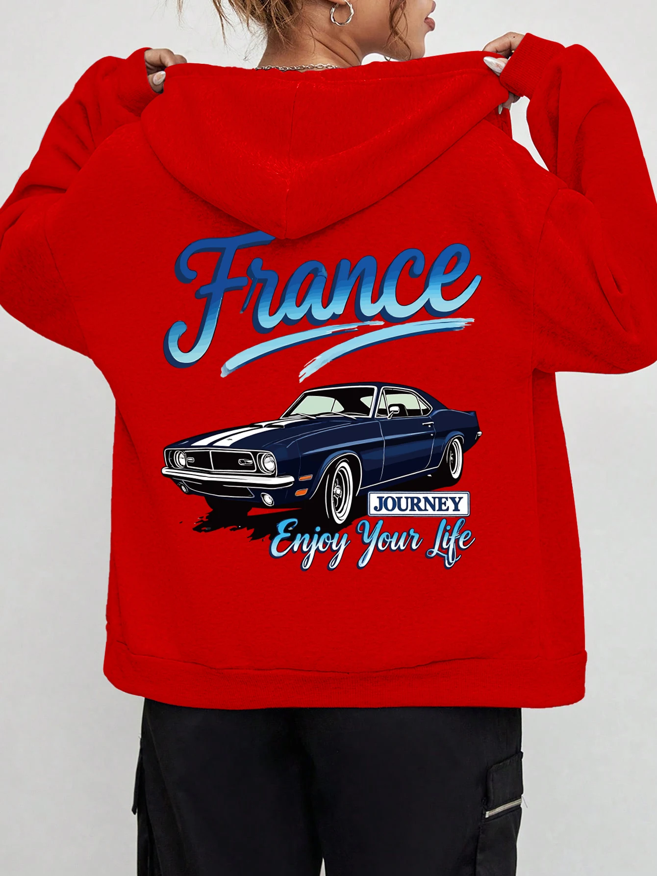 

France Blue Journery Enjoy Your Life Женские толстовки на молнии с принтом и карманами Повседневная толстовка из флиса Свободная одежда Осенняя толстовка в стиле хип-хоп