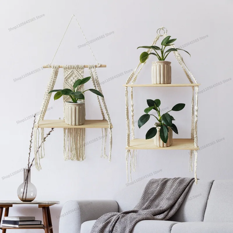 For wall decoration, hanging rope rack, flower pot storage rack, cotton rope woven wooden board hanging wooden frame storage