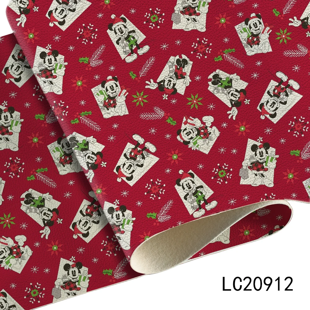 Disney Christmas Theme Cartoon Mickey Synthetic Faux Leather Sheet Lychee Printed 30*136CM for DIY Handmade Bag Material