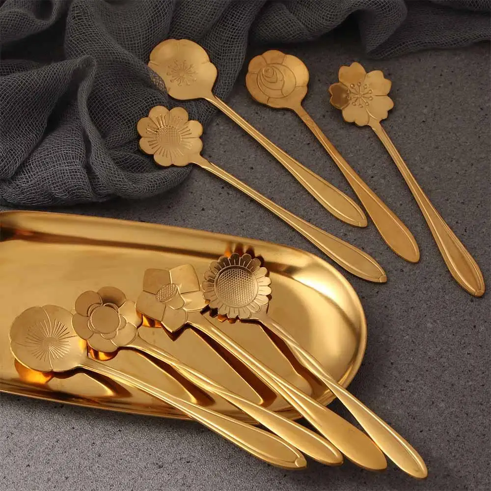 Vintage for Sugar Ice Cream Coffee Dessert Bar tools Stainless Steel Tableware Soup Spoon Teaspoon Cutlery Set Flower Spoon Set