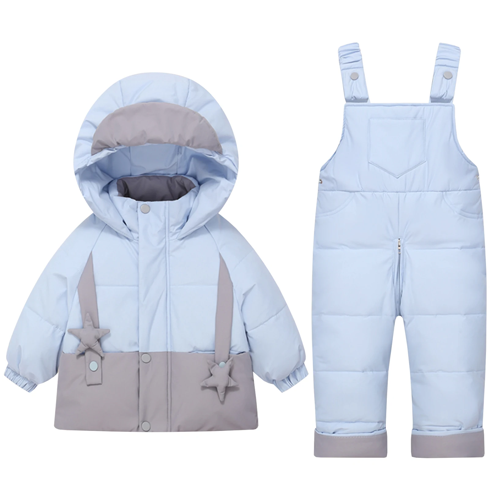 

Children's Down Ski Suits Patckwork White Duck Down Jacket with Bib Pants Warm Lightweight Toddler Kids Snowsuits for Girls Boys