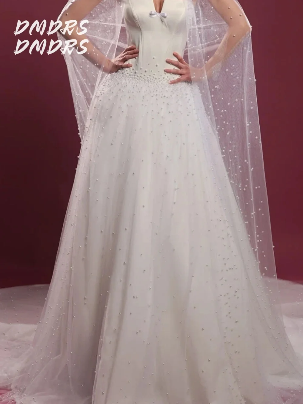 หรูหราเพิร์ลชุดเจ้าสาว 2025 โรแมนติก A-Line ชุดแต่งงานแขนกุดเงา Strapless ซาตินชั้นความยาวชุดที่กําหนดเอง