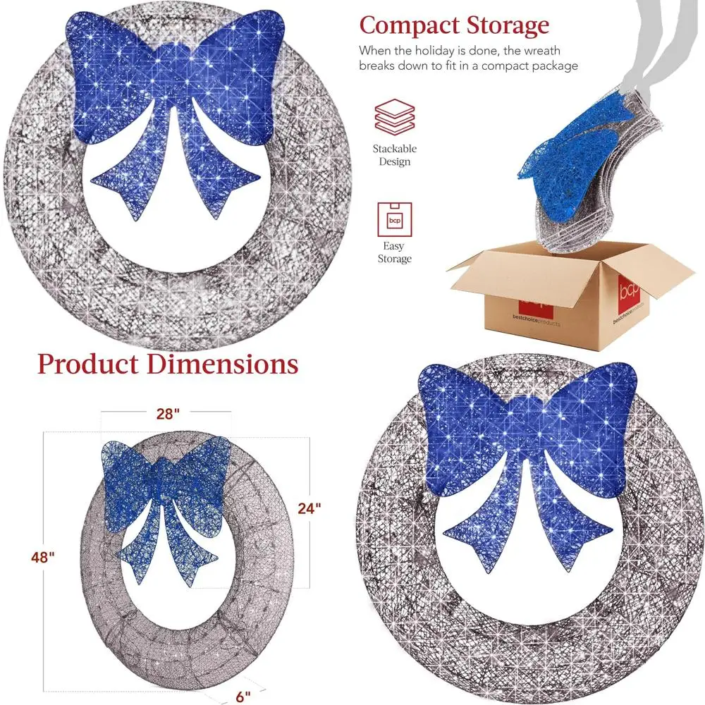 

48 Inch Pre-Lit Christmas Wreath with 140 LED Lights, Silver and Blue Bow - Outdoor Holiday Decor